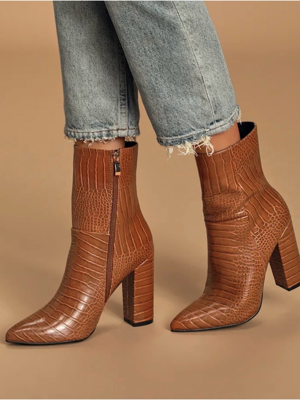 Lulus Dawson Tan Edgy Bold Stylish Crocodile Pointed-Toe Mid Calf Boots Sz 8